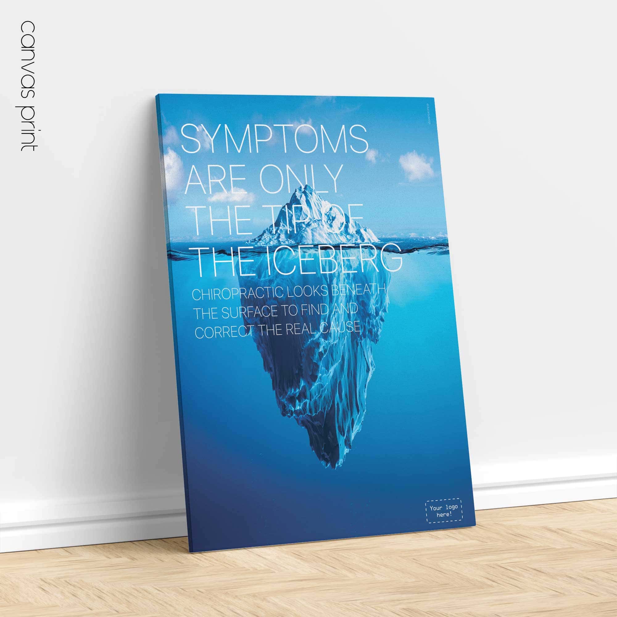 Chiropractic Iceberg poster illustrating how symptoms are often only the visible part of a deeper issue. Educational chiropractic poster for modern clinics.