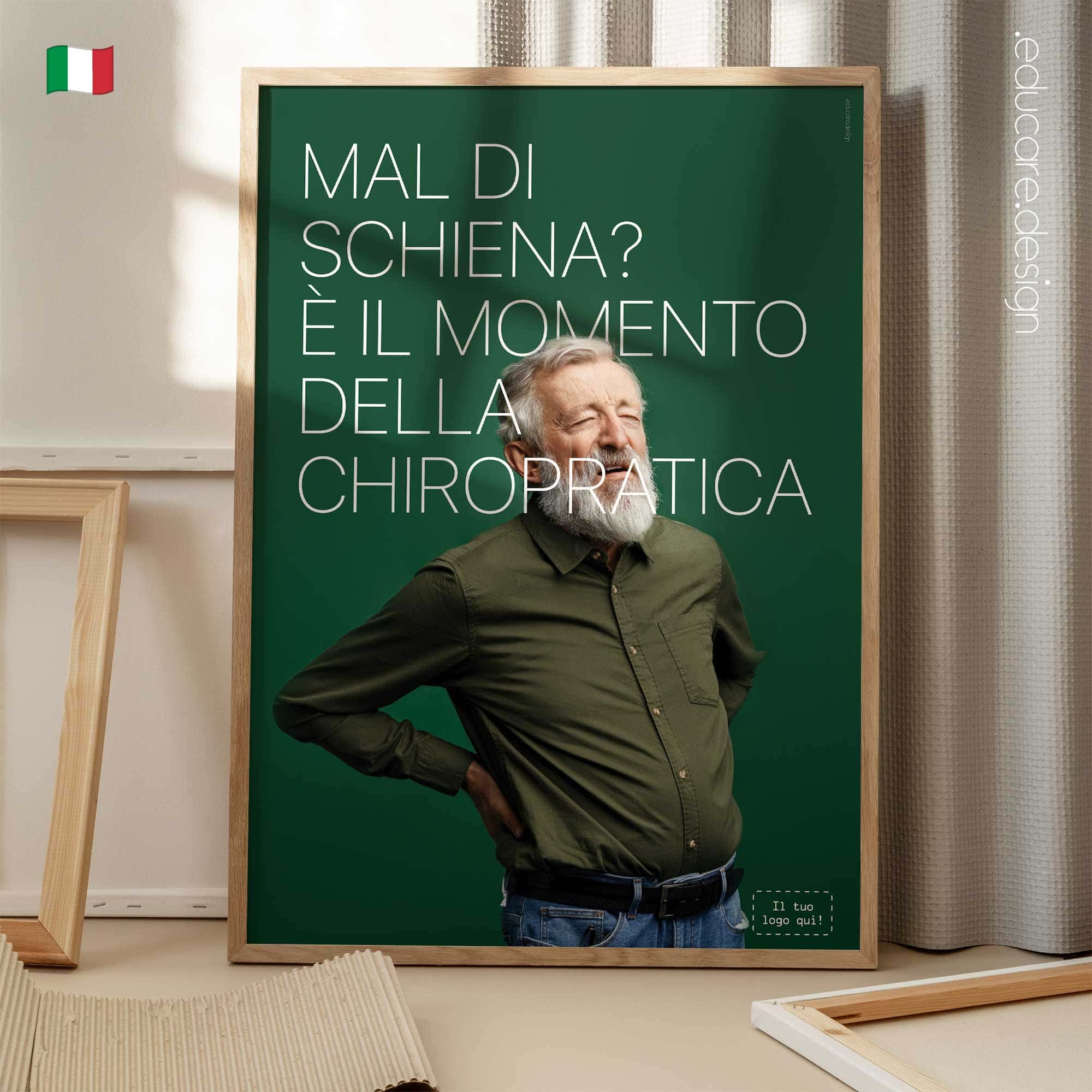 Poster chiropratico che mette in evidenza il mal di schiena e i benefici della cura chiropratica. Poster educativo per cliniche chiropratiche.