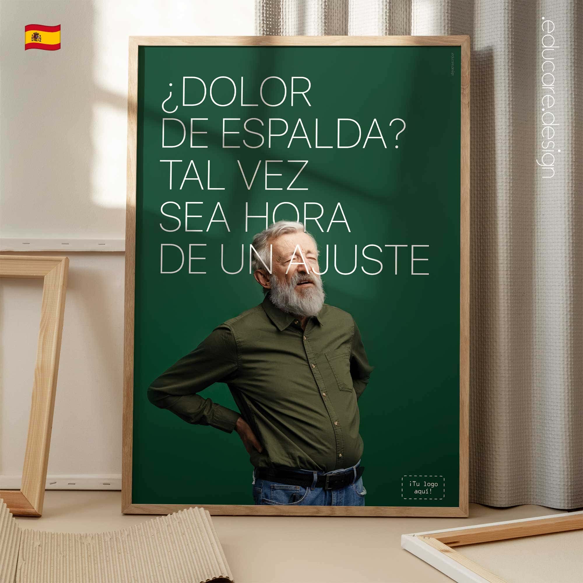 Póster quiropráctico que destaca el dolor de espalda y los beneficios de la atención quiropráctica. Póster educativo para clínicas quiroprácticas.