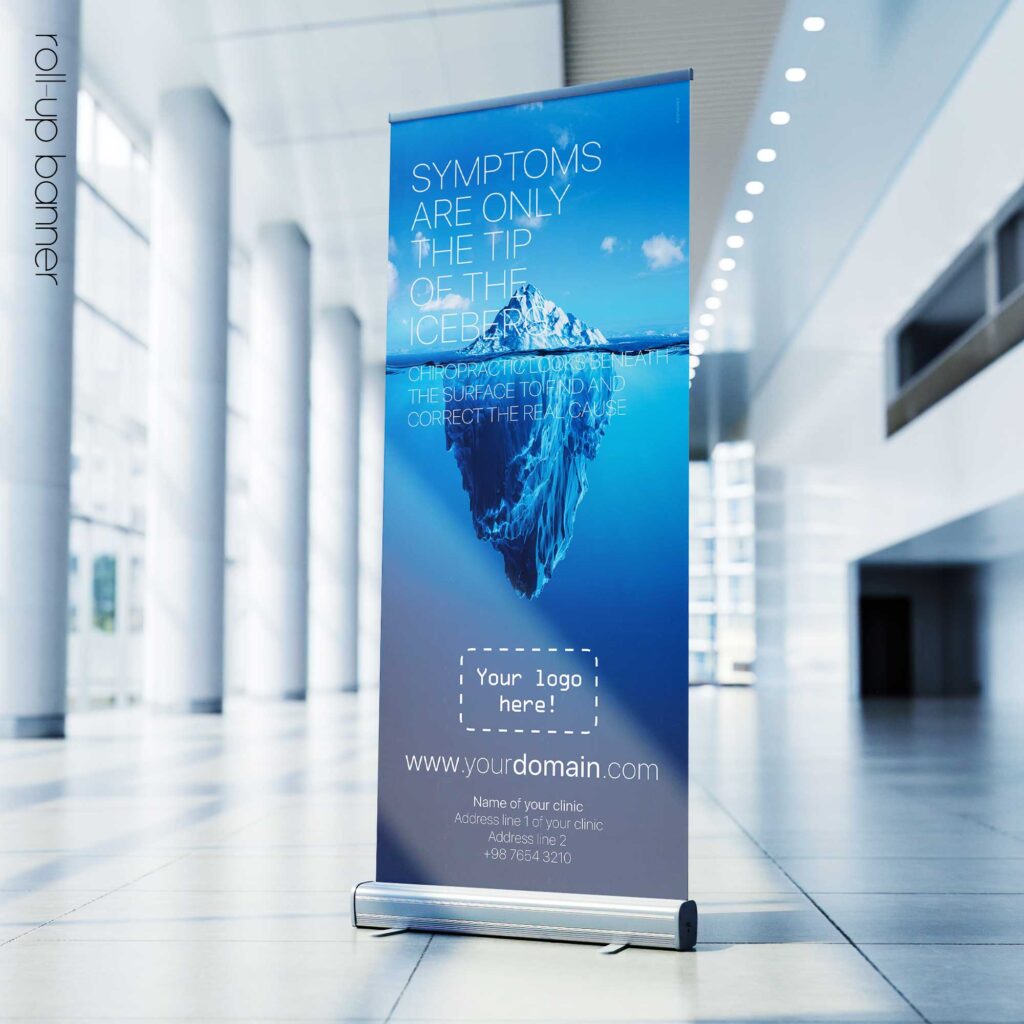 Affiche chiropratique illustrant que les symptômes ne sont souvent que la partie visible d’un problème plus profond. Affiche éducative pour les cliniques chiropratiques modernes.