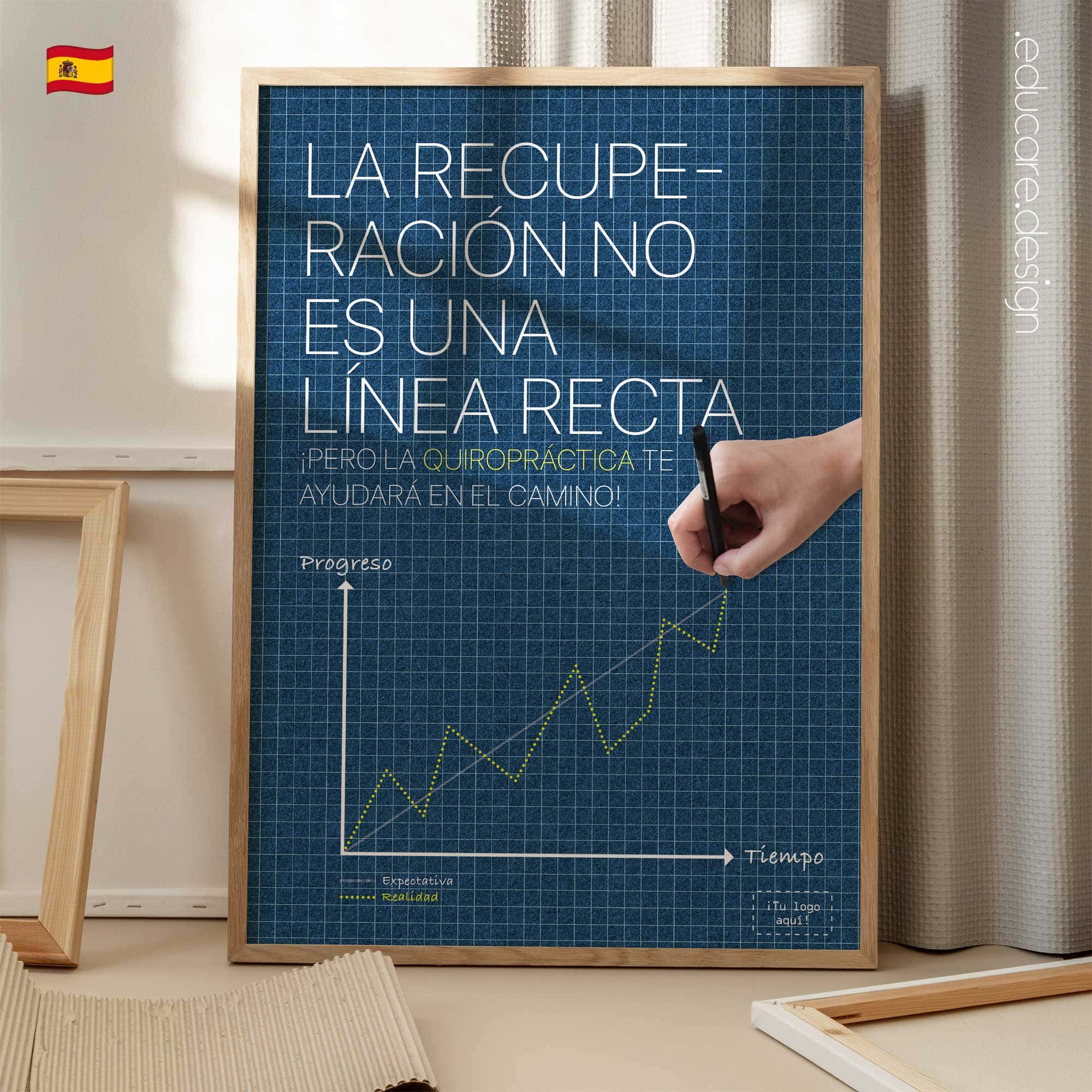 El camino quiropráctico hacia la recuperación – Póster quiropráctico que ilustra que la recuperación no siempre es lineal. Póster educativo para clínicas quiroprácticas.