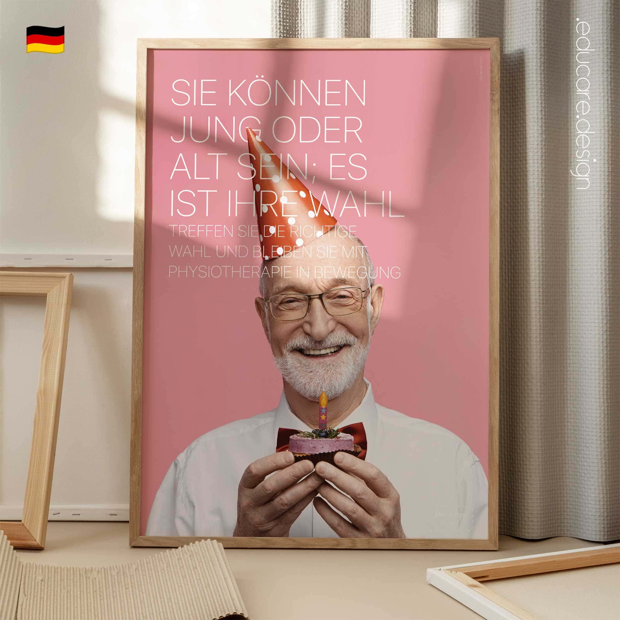 Motivational physiotherapy poster promoting healthy ageing, movement and active living.