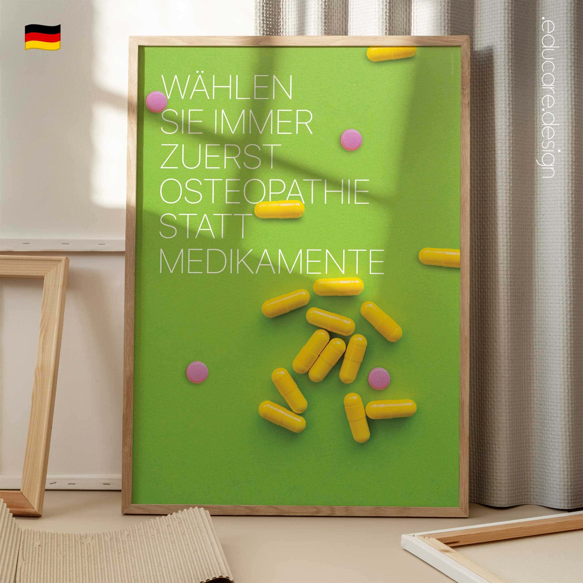 Osteopathy poster with colourful capsules illustrating the message “Choose Osteopathy Before Pharmaceuticals” promoting conservative care in osteopathy clinics.