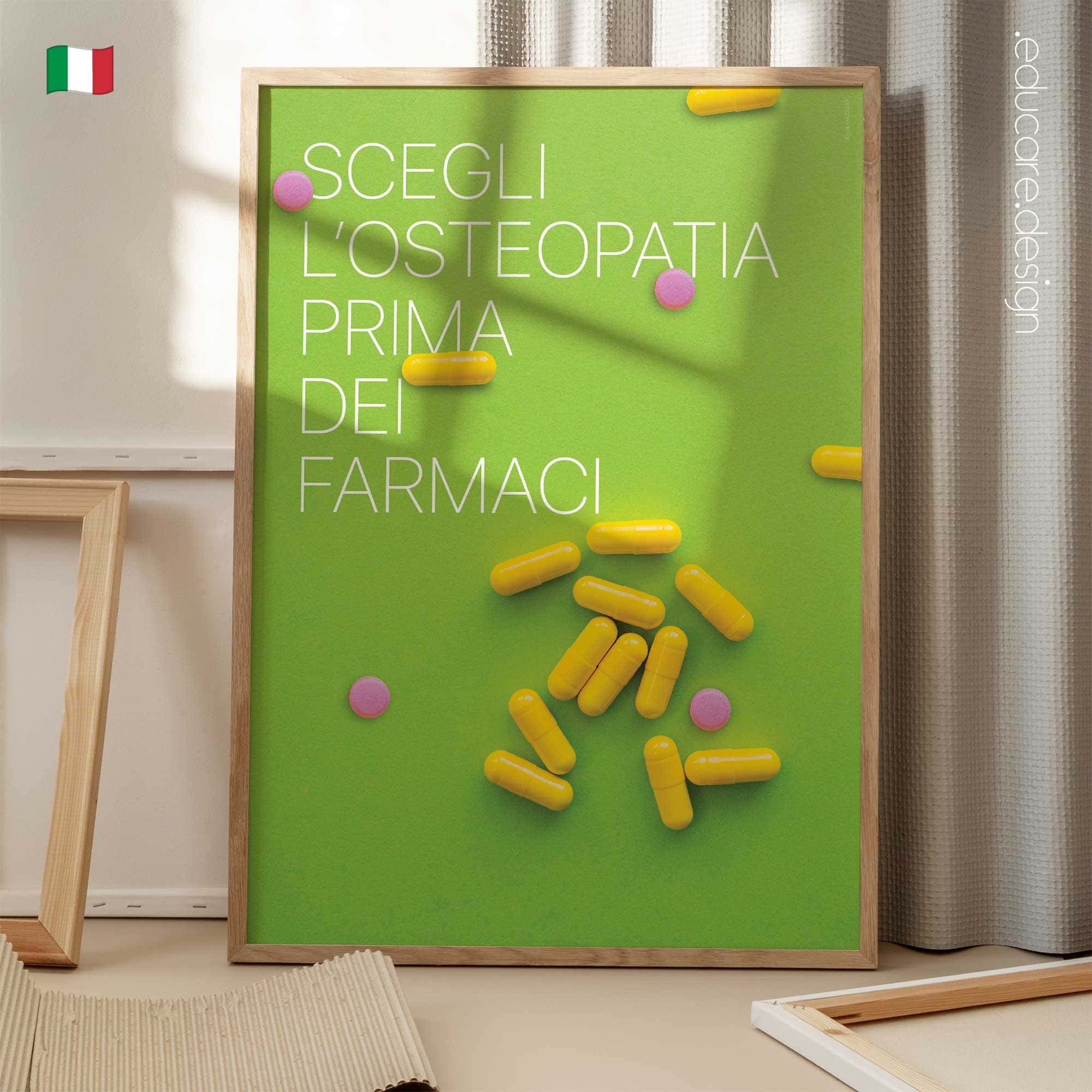 Osteopathy poster with colourful capsules illustrating the message “Choose Osteopathy Before Pharmaceuticals” promoting conservative care in osteopathy clinics.