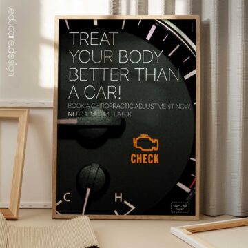 Modern chiropractic poster using a car dashboard metaphor to encourage early care.