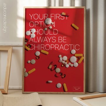 Modern chiropractic poster encouraging patients to make chiropractic their first choice for spinal health. Educational wall art for chiropractic clinics.
