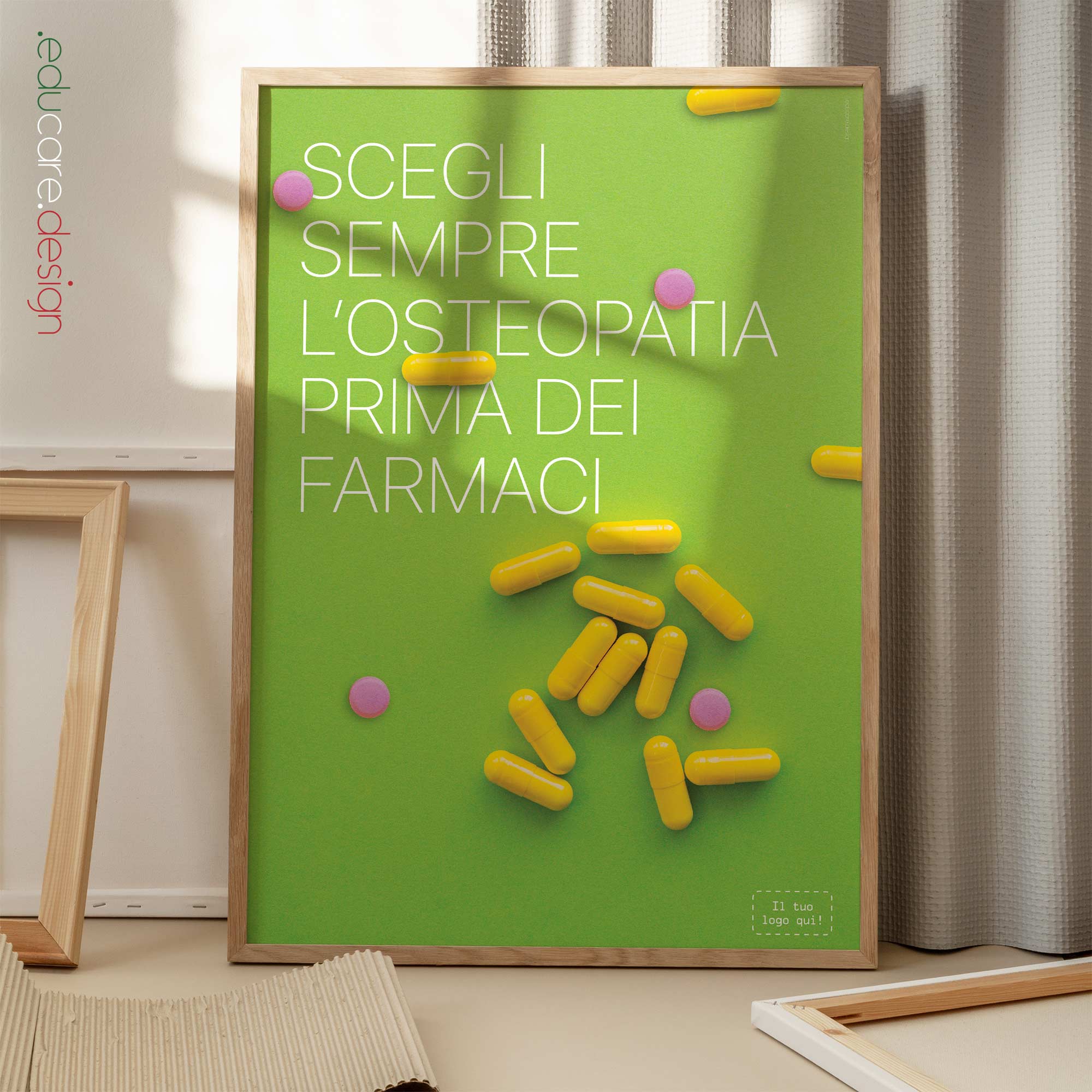 Scegli l’osteopatia prima dei farmaci! Opera da www.educare.design che promuove l'osteopatia e un approccio olistico all'assistenza sanitaria.