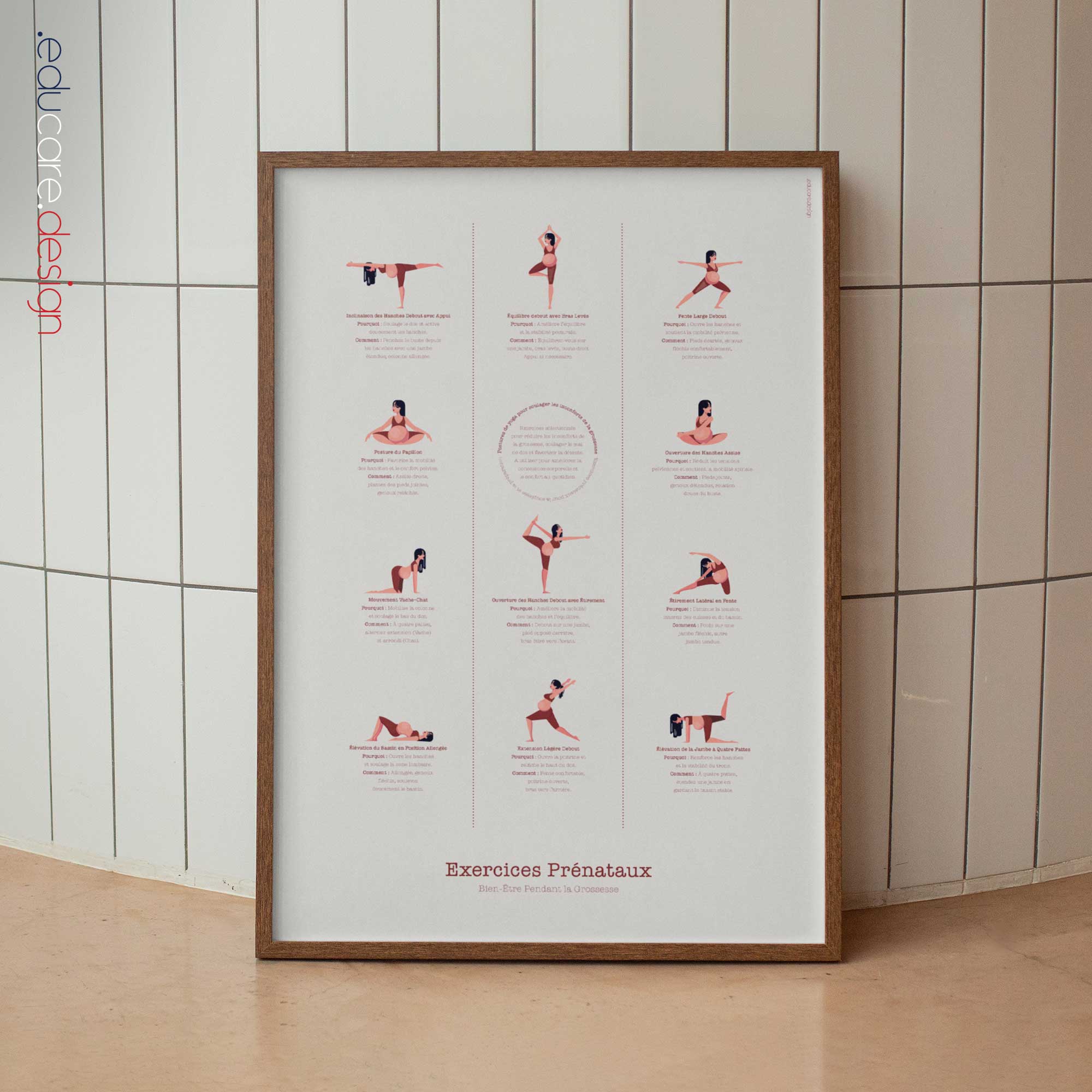 Prenatal exercises poster showing gentle pregnancy movements to support comfort, mobility, and posture.